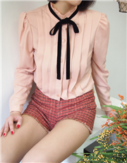 Pleated Blouse With Ribbon Tie